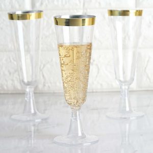 12-Pack Plastic Champagne Flutes 5oz Clear with Gold Rim - Disposable Toasting Glasses with Detachable Base 6" - 1 Pack of 12 Cups