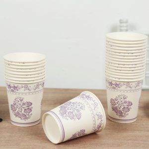 24 Pack Paper Cups in White Lavender Damask Floral Pattern, Elegant Disposable Party Cups - 9oz